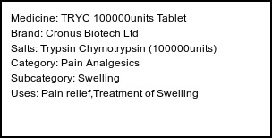 Information about TRYC 100000units Tablet (Brand: Cronus Biotech Ltd) - Uses: Pain relief,Treatment of Swelling