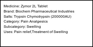 Information about Zymor 2L Tablet (Brand: Biochem Pharmaceutical Industries) - Uses: Pain relief,Treatment of Swelling