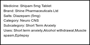 Information about Shipam 5mg Tablet (Brand: Shine Pharmaceuticals Ltd) - Uses: Short term anxiety,Alcohol withdrawal,Muscle spasm,Epilepsy