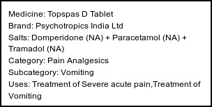 Information about Topspas D Tablet (Brand: Psychotropics India Ltd) - Uses: Treatment of Severe acute pain,Treatment of Vomiting