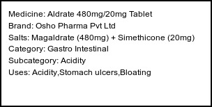 Information about Aldrate 480mg/20mg Tablet (Brand: Osho Pharma Pvt Ltd) - Uses: Acidity,Stomach ulcers,Bloating