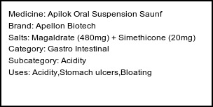 Information about Apilok Oral Suspension Saunf (Brand: Apellon Biotech) - Uses: Acidity,Stomach ulcers,Bloating