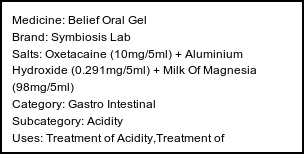 Information about Belief Oral Gel (Brand: Symbiosis Lab) - Uses: Treatment of Acidity,Treatment of Heartburn,Treatment of Stomach ulcers
