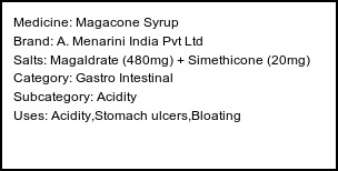 Information about Magacone Syrup (Brand: A. Menarini India Pvt Ltd) - Uses: Acidity,Stomach ulcers,Bloating