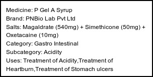 Information about P Gel A Syrup (Brand: PNBio Lab Pvt Ltd) - Uses: Treatment of Acidity,Treatment of Heartburn,Treatment of Stomach ulcers