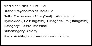 Information about Pilcain Oral Gel (Brand: Psychotropics India Ltd) - Uses: Acidity,Heartburn,Stomach ulcers