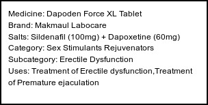 Information about Dapoden Force XL Tablet (Brand: Makmaul Labocare) - Uses: Treatment of Erectile dysfunction,Treatment of Premature ejaculation