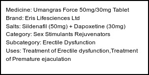 Information about Umangras Force 50mg/30mg Tablet (Brand: Eris Lifesciences Ltd) - Uses: Treatment of Erectile dysfunction,Treatment of Premature ejaculation