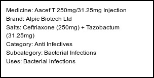Information about Aacef T 250mg/31.25mg Injection (Brand: Alpic Biotech Ltd) - Uses: Bacterial infections