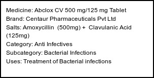 Information about Abclox CV 500 mg/125 mg Tablet (Brand: Centaur Pharmaceuticals Pvt Ltd) - Uses: Treatment of Bacterial infections