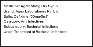 Information about Agifix 50mg Dry Syrup (Brand: Agex Laboratories Pvt Ltd) - Uses: Treatment of Bacterial infections