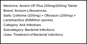 Information about Anixim OF Plus 200mg/200mg Tablet (Brand: Anisum Lifesciences) - Uses: Treatment of Bacterial infections