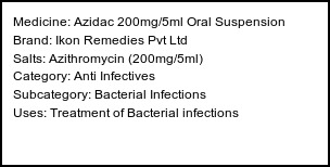 Information about Azidac 200mg/5ml Oral Suspension (Brand: Ikon Remedies Pvt Ltd) - Uses: Treatment of Bacterial infections