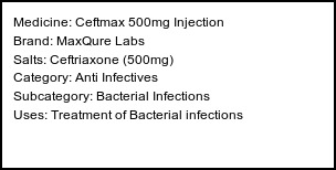 Information about Ceftmax 500mg Injection (Brand: MaxQure Labs) - Uses: Treatment of Bacterial infections