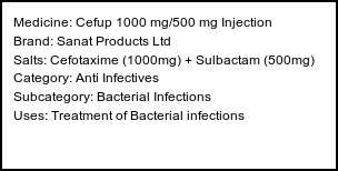 Information about Cefup 1000 mg/500 mg Injection (Brand: Sanat Products Ltd) - Uses: Treatment of Bacterial infections