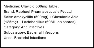 Information about Clavicid 500mg Tablet (Brand: Raphael Pharmaceuticals Pvt Ltd) - Uses: Bacterial infections