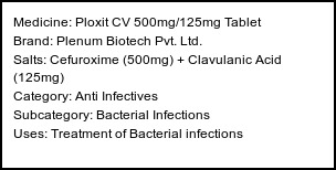 Information about Ploxit CV 500mg/125mg Tablet (Brand: Plenum Biotech Pvt. Ltd.) - Uses: Treatment of Bacterial infections