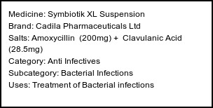 Information about Symbiotik XL Suspension (Brand: Cadila Pharmaceuticals Ltd) - Uses: Treatment of Bacterial infections