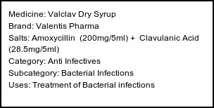 Information about Valclav Dry Syrup (Brand: Valentis Pharma) - Uses: Treatment of Bacterial infections
