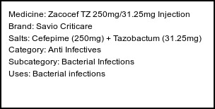 Information about Zacocef TZ 250mg/31.25mg Injection (Brand: Savio Criticare) - Uses: Bacterial infections