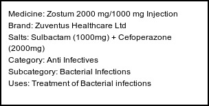 Information about Zostum 2000 mg/1000 mg Injection (Brand: Zuventus Healthcare Ltd) - Uses: Treatment of Bacterial infections