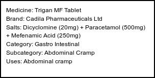 Information about Trigan MF Tablet (Brand: Cadila Pharmaceuticals Ltd) - Uses: Abdominal cramp