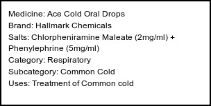 Information about Ace Cold Oral Drops (Brand: Hallmark Chemicals) - Uses: Treatment of Common cold