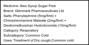 Information about Alex Syrup Sugar Free (Brand: Glenmark Pharmaceuticals Ltd) - Uses: Treatment of Dry cough,Common cold
