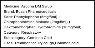Information about Ascona DM Syrup (Brand: Busan Pharmaceuticals) - Uses: Treatment of Dry cough,Common cold
