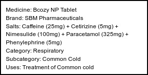 Information about Bcozy NP Tablet (Brand: SBM Pharmaceuticals) - Uses: Treatment of Common cold
