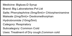 Information about Bigtuss-D Syrup (Brand: Big Laboratories Pvt Ltd) - Uses: Treatment of Dry cough,Common cold