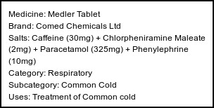 Information about Medler Tablet (Brand: Comed Chemicals Ltd) - Uses: Treatment of Common cold