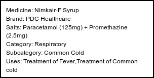Information about Nimkair-F Syrup (Brand: PDC Healthcare) - Uses: Treatment of Fever,Treatment of Common cold