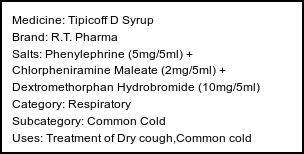 Information about Tipicoff D Syrup (Brand: R.T. Pharma) - Uses: Treatment of Dry cough,Common cold