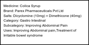 Information about Colica Syrup (Brand: Parex Pharmaceuticals Pvt Ltd) - Uses: Improving Abdominal pain,Treatment of Irritable bowel syndrome