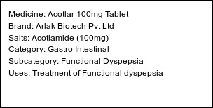 Information about Acotlar 100mg Tablet (Brand: Arlak Biotech Pvt Ltd) - Uses: Treatment of Functional dyspepsia