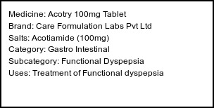 Information about Acotry 100mg Tablet (Brand: Care Formulation Labs Pvt Ltd) - Uses: Treatment of Functional dyspepsia