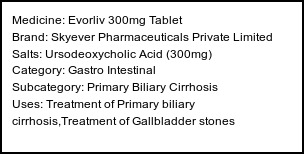 Information about Evorliv 300mg Tablet (Brand: Skyever Pharmaceuticals Private Limited) - Uses: Treatment of Primary biliary cirrhosis,Treatment of Gallbladder stones