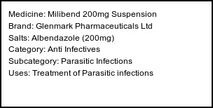 Information about Milibend 200mg Suspension (Brand: Glenmark Pharmaceuticals Ltd) - Uses: Treatment of Parasitic infections