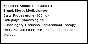 Information about Adgest 100 Capsule (Brand: Biosys Medisciences) - Uses: Female infertility,Hormone replacement therapy