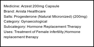 Information about Arzest 200mg Capsule (Brand: Anista Healthcare) - Uses: Treatment of Female infertility,Hormone replacement therapy