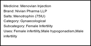 Information about Menovian Injection (Brand: Nivian Pharma LLP) - Uses: Female infertility,Male hypogonadism,Male infertility