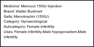 Information about Menovul 150IU Injection (Brand: Walter Bushnell) - Uses: Female infertility,Male hypogonadism,Male infertility