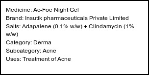Information about Ac-Foe Night Gel (Brand: Insutik pharmaceuticals Private Limited) - Uses: Treatment of Acne