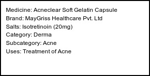 Information about Acneclear Soft Gelatin Capsule (Brand: MayGriss Healthcare Pvt. Ltd) - Uses: Treatment of Acne