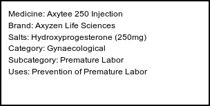 Information about Axytee 250 Injection (Brand: Axyzen Life Sciences) - Uses: Prevention of Premature Labor