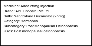 Information about Adec 25mg Injection (Brand: ABL Lifecare Pvt Ltd) - Uses: Post menopausal osteoporosis