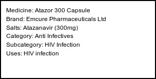 Information about Atazor 300 Capsule (Brand: Emcure Pharmaceuticals Ltd) - Uses: HIV infection