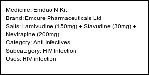 Information about Emduo N Kit (Brand: Emcure Pharmaceuticals Ltd) - Uses: HIV infection
