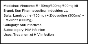 Information about Virocomb E 150mg/300mg/600mg kit (Brand: Sun Pharmaceutical Industries Ltd) - Uses: Treatment of HIV infection